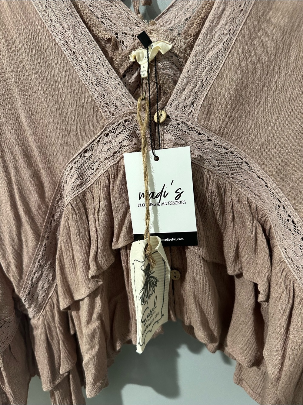 easel Blush Mauve Ruffle Tie-Back Boho Blouse - Picture 4 of 6